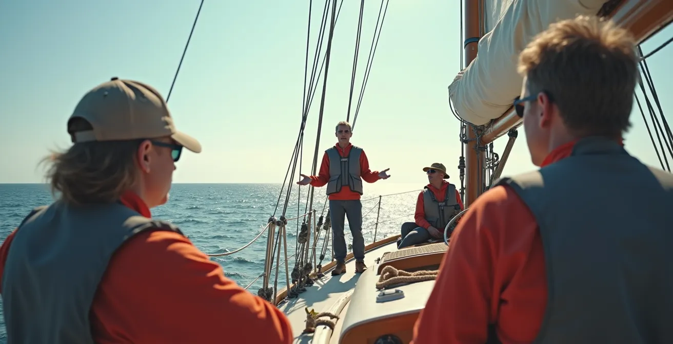 Skipper déléguant les responsabilités à différents membres de l’équipage sur un voilier en mer