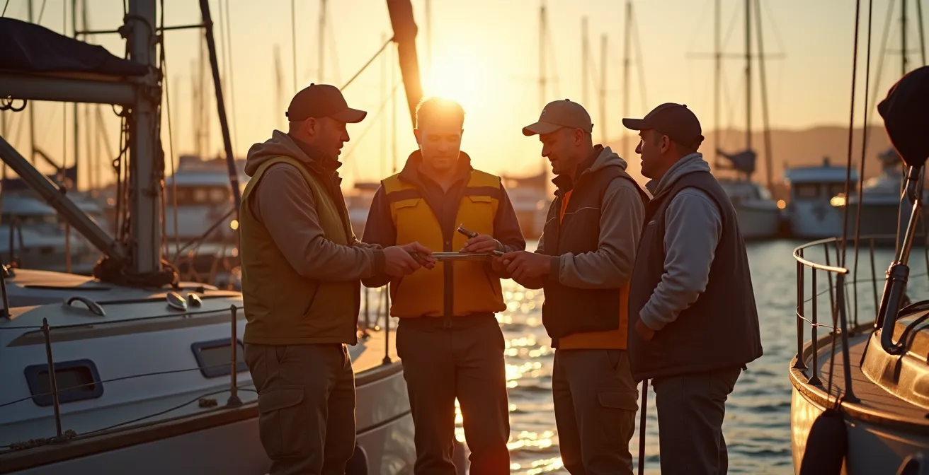Image chaleureuse montrant un groupe de marins de différentes cultures partageant des compétences et des outils sur un ponton ensoleillé