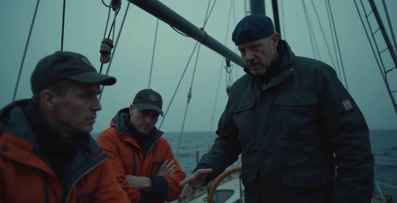 Équipage sur un voilier affichant des signes de tension et un skipper intervenant calmement pour apaiser la situation
