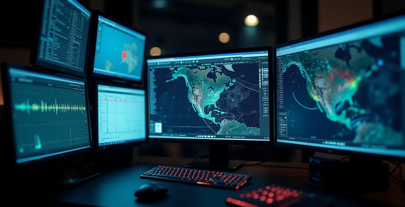 Image détaillée montrant plusieurs écrans affichant plusieurs modèles météo superposés, soulignant la complexité technique et l'analyse avancée des routeurs en temps réel.