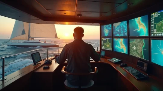 Illustration artistique d'un skipper en mer avec un centre de routage météo à terre montrant une interaction dynamique entre le marin et ses assistants à terre, symbolisant une collaboration technologique avancée