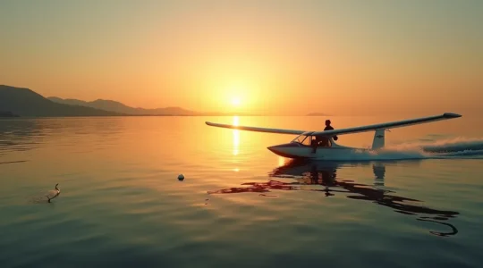 Praticant de sports de glisse nautique naviguant sereinement sur une mer calme au coucher du soleil, avec éléments symboliques de vigilance et sécurité