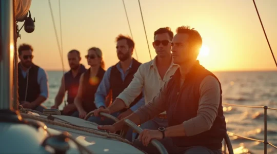 Un skipper charismatique au gouvernail d'un voilier avec son équipage dynamique en arrière-plan sur une mer calme au coucher du soleil