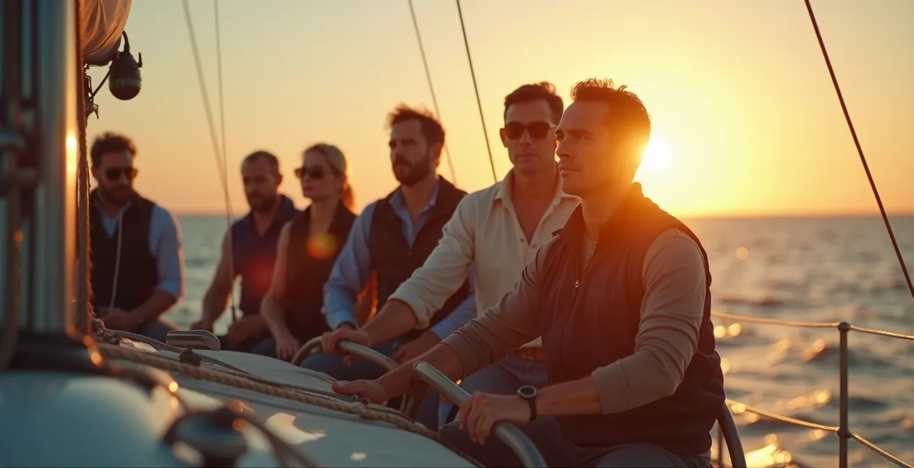 Un skipper charismatique au gouvernail d'un voilier avec son équipage dynamique en arrière-plan sur une mer calme au coucher du soleil