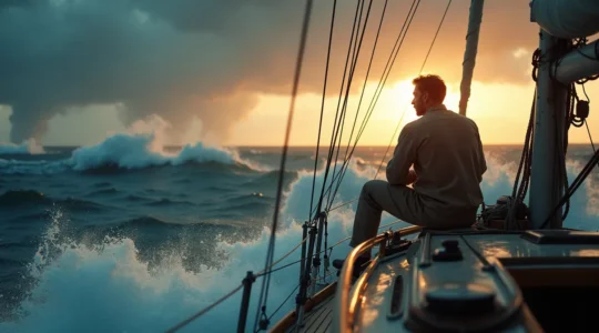 Navigateur solitaire en mer dans une tempête, confiant et résilient, voilier affrontant des vagues puissantes au coucher du soleil