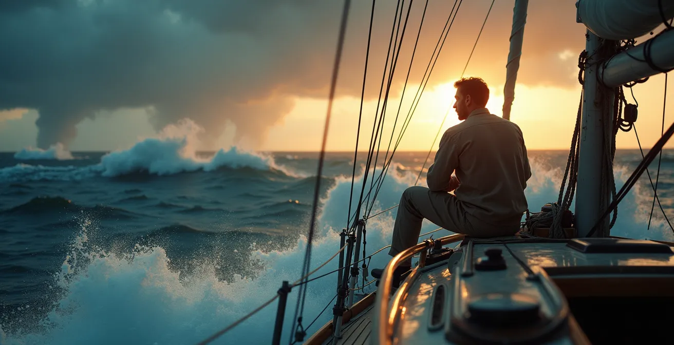 Navigateur solitaire en mer dans une tempête, confiant et résilient, voilier affrontant des vagues puissantes au coucher du soleil