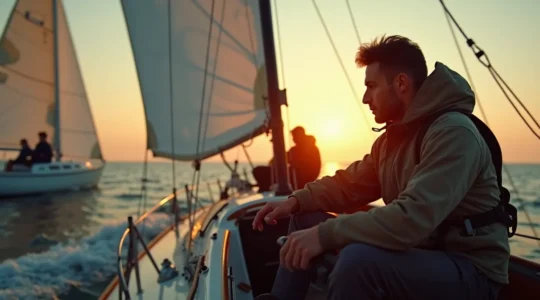 Voilier en pleine régate avec skipper concentré et équipage en action sous un ciel dramatique