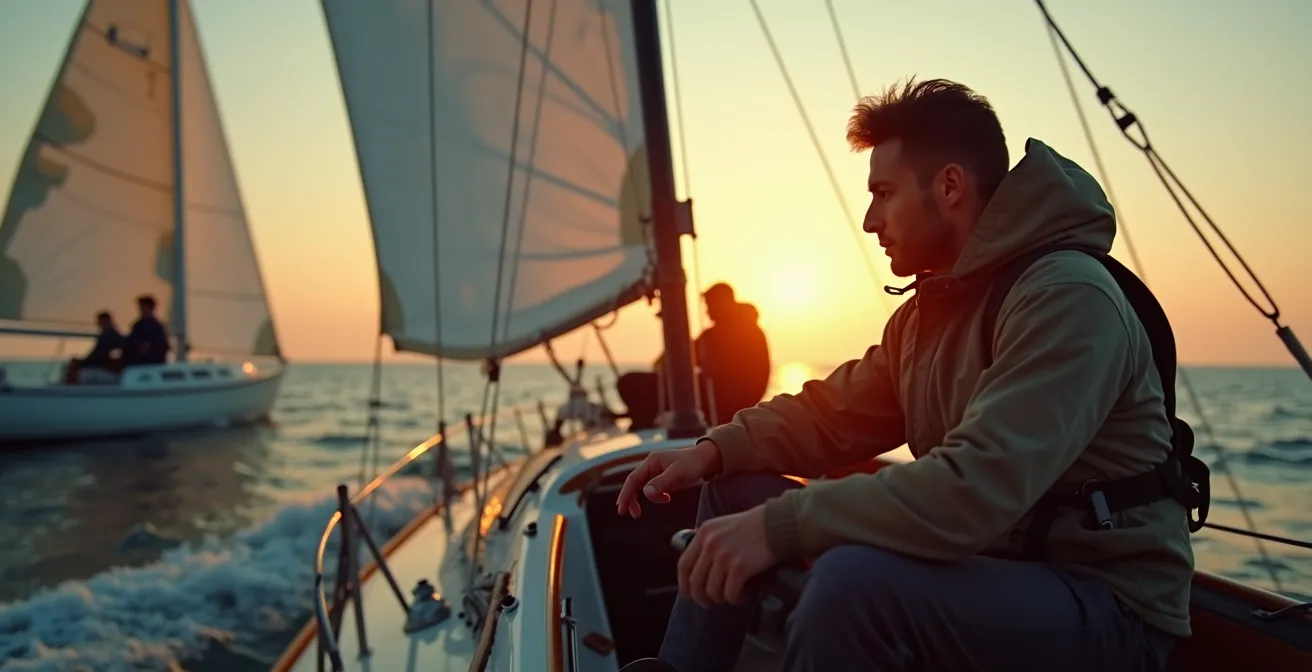 Voilier en pleine régate avec skipper concentré et équipage en action sous un ciel dramatique
