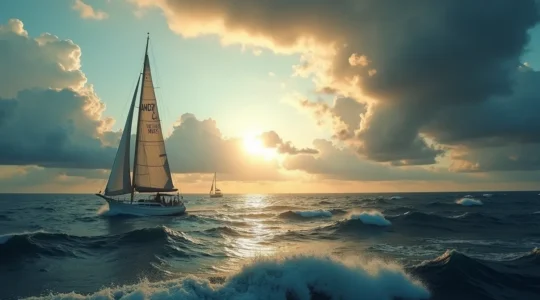 Voilier naviguant sur un océan Atlantique agité avec des nuages d'altitude et un anticyclone visible à l'horizon