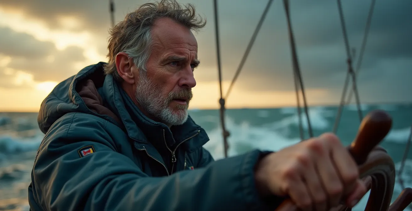 Skipper concentré au cockpit d’un voilier, avec mer agitée et ciel dramatique en arrière-plan, illustrant la gestion du stress en navigation difficile