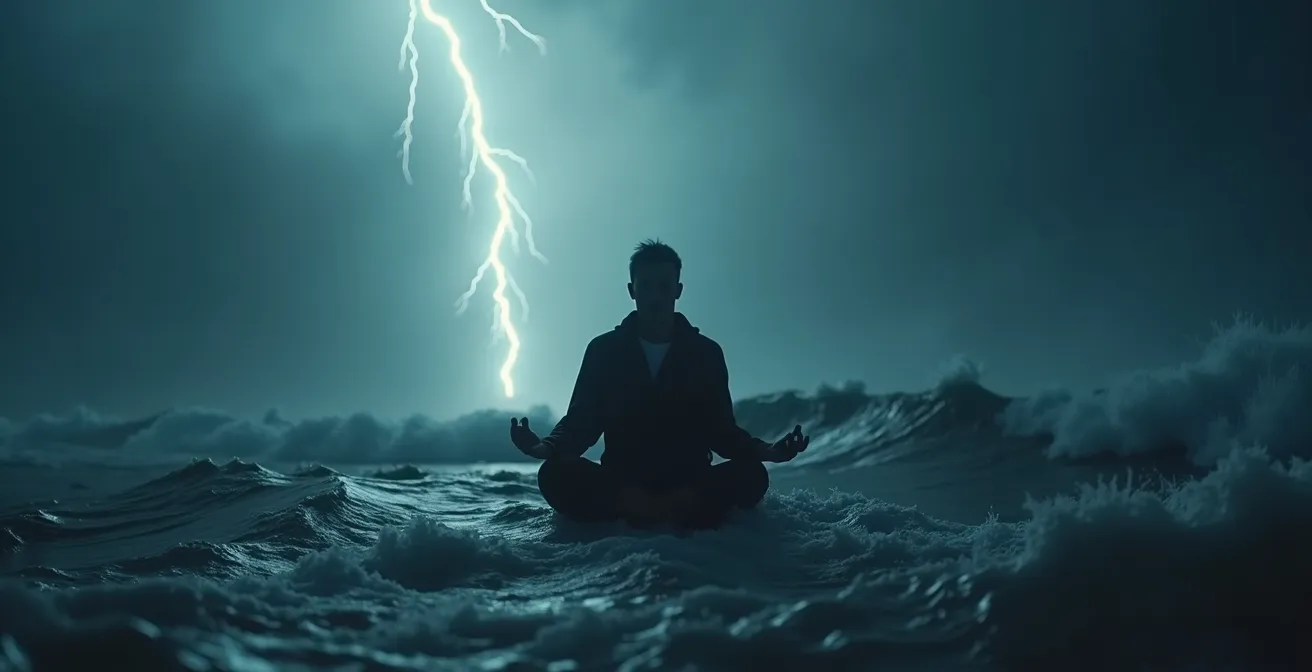 Image symbolique d’une tempête en mer avec un navigateur en posture de maîtrise mentale, utilisant des techniques de respiration