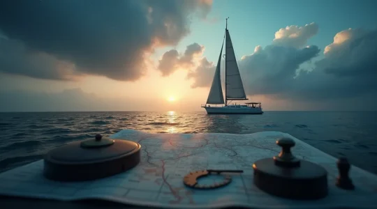 Voilier naviguant sur un grand océan avec une carte nautique et un ciel étoilé, symbolisant la planification d'une grande croisière