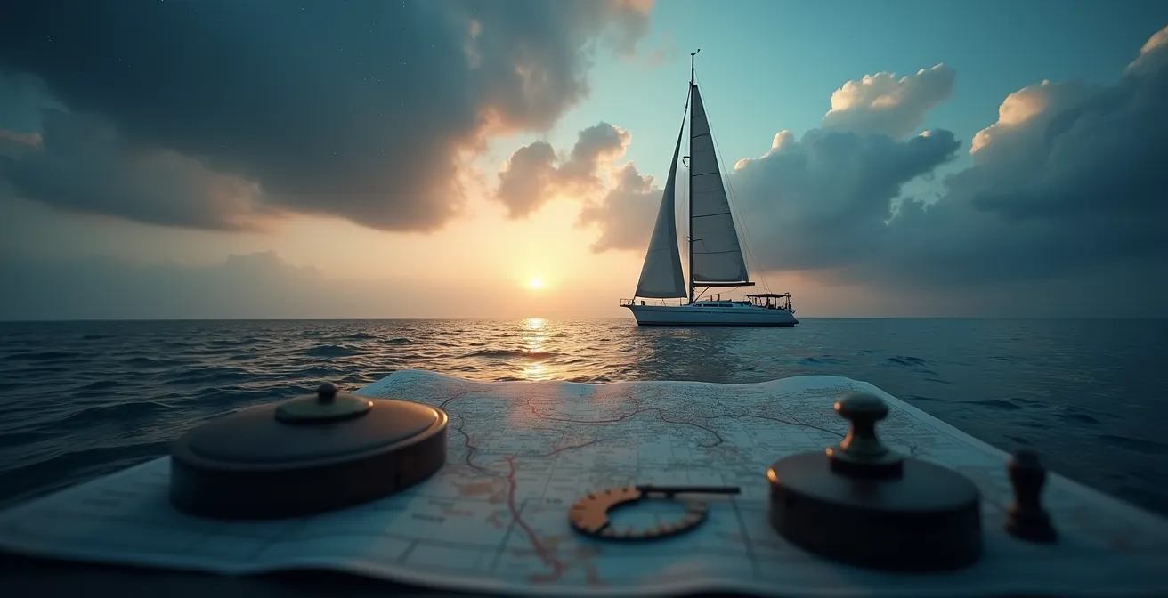 Voilier naviguant sur un grand océan avec une carte nautique et un ciel étoilé, symbolisant la planification d'une grande croisière