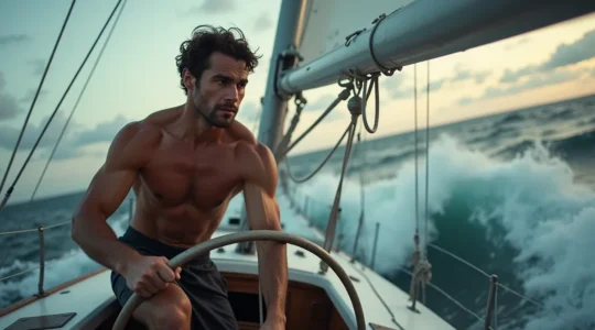 Un navigateur en pleine action sur un voilier en mer agitée, montrant sa force et son équilibre face aux éléments