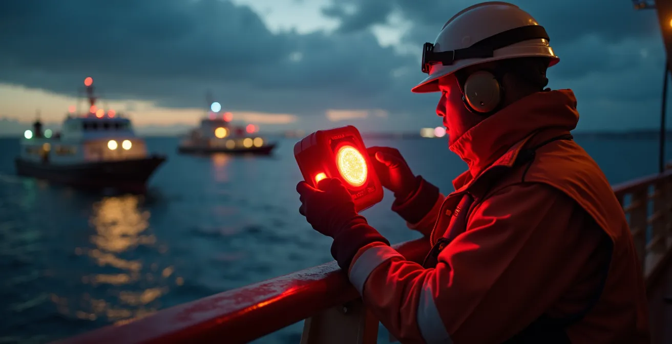 Scène dramatique de sauvetage maritime montrant un équipage alerté par un signal AIS-MOB et un sauveteur utilisant une PLB en action