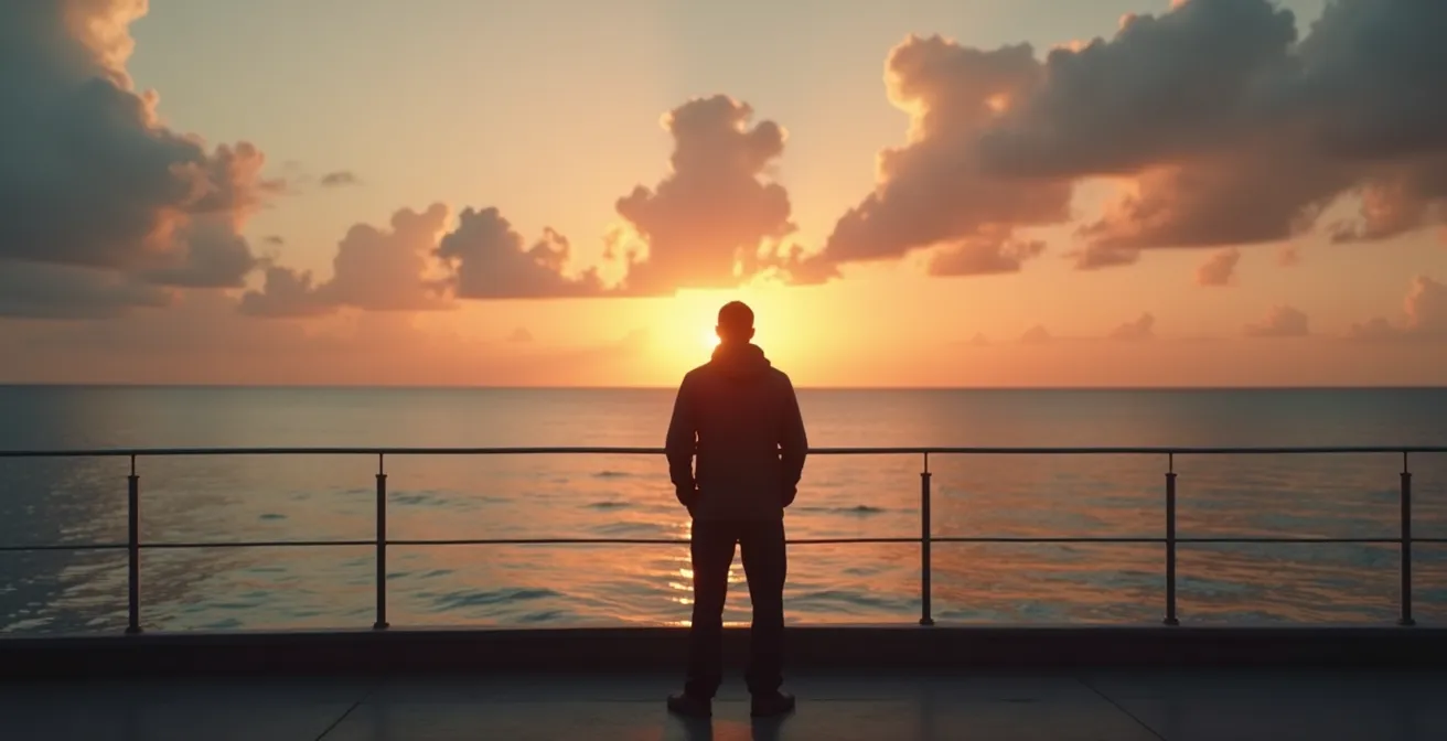 Navigateur solitaire regardant l'horizon en mer calme, ambiance méditative et introspective au coucher du soleil