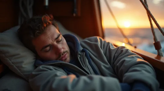 Un marin solitaire dormant dans sa bannette sur un voilier en mer agitée au coucher du soleil, illustrant le sommeil polyphasique et la récupération en mer