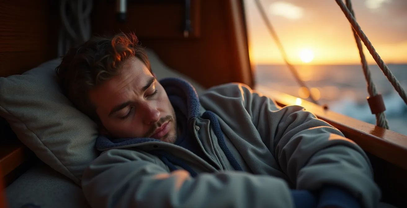 Un marin solitaire dormant dans sa bannette sur un voilier en mer agitée au coucher du soleil, illustrant le sommeil polyphasique et la récupération en mer