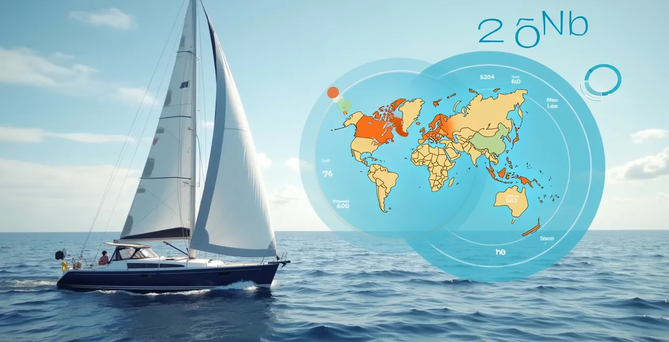 Antenne Starlink installée sur un voilier en mer avec graphique de consommation électrique et carte des zones de couverture