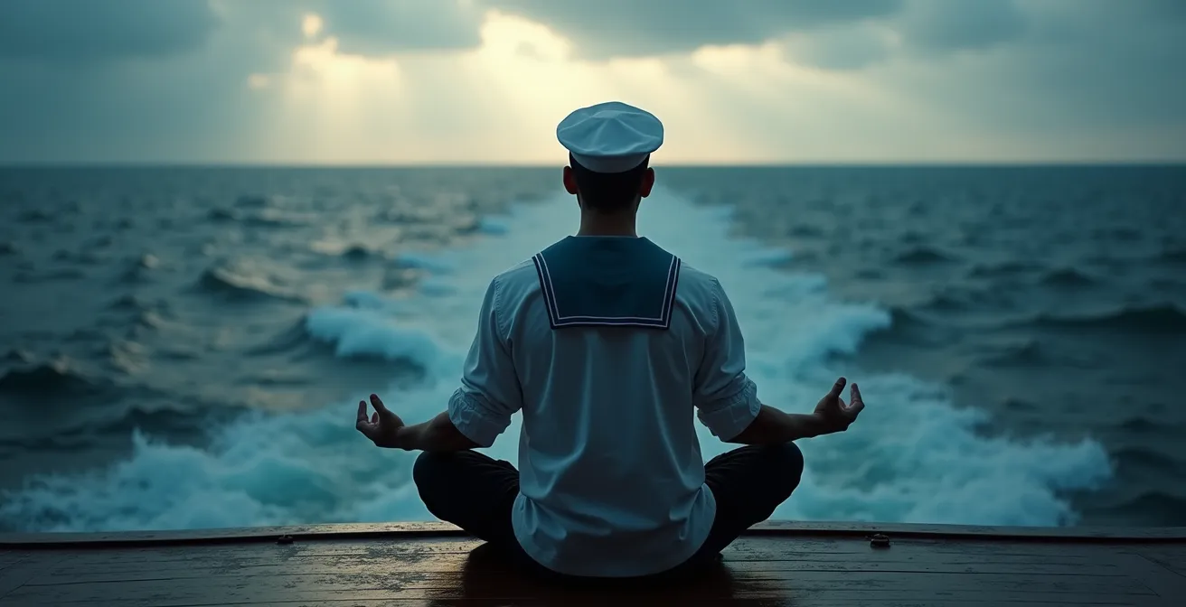 Un navigateur en pleine mer calme, pratiquant une technique de respiration profonde avec une vue apaisante sur l'océan