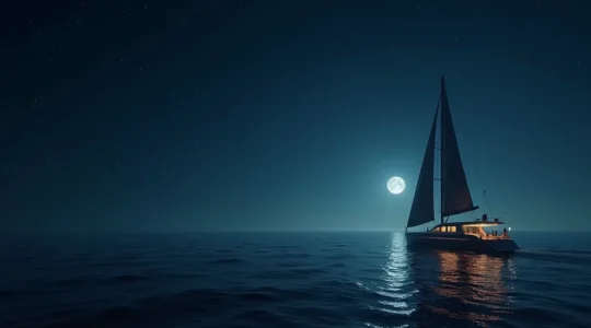 Vue panoramique d'un voilier en mer utilisant un système de positionnement satellite, avec un ciel clair et des constellations de satellites visibles