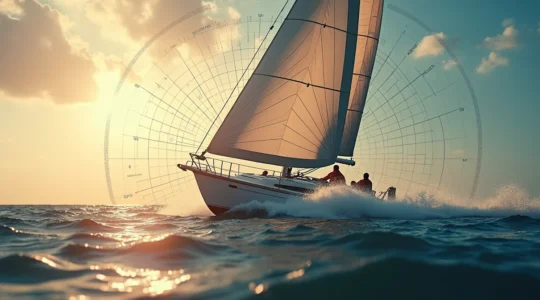 Voilier moderne naviguant rapidement en mer avec une carte météo isobarique en superposition à l'arrière-plan