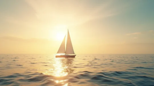 Vue symbolique d'un voilier naviguant sur une mer calme sous un ciel vaste et lumineux, évoquant la transformation personnelle et la quête intérieure