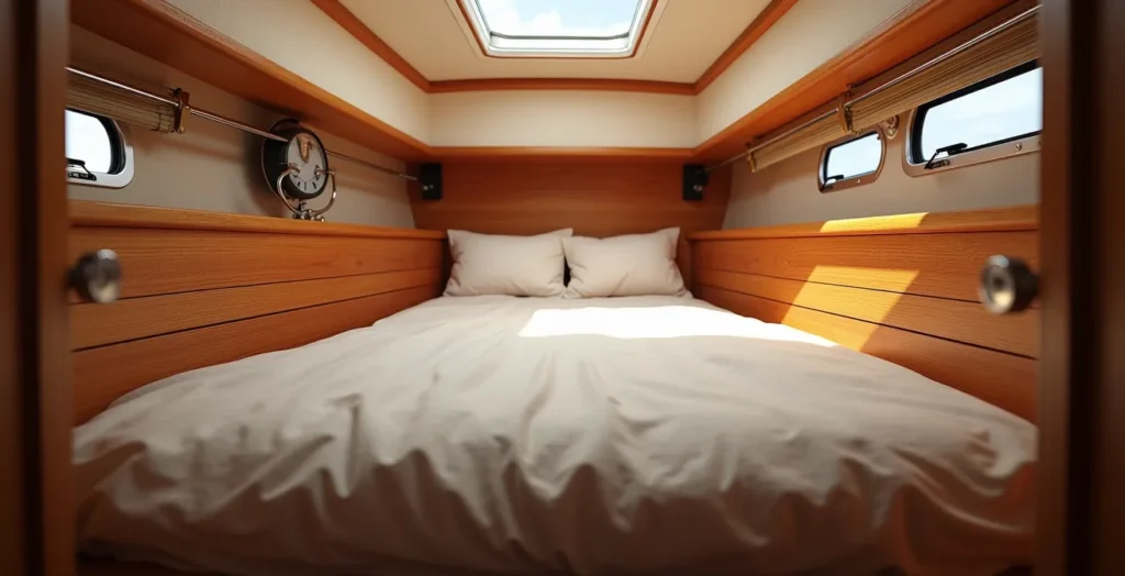 Intérieur d’un voilier montrant mains courantes, couchettes confortables, système de barre de secours