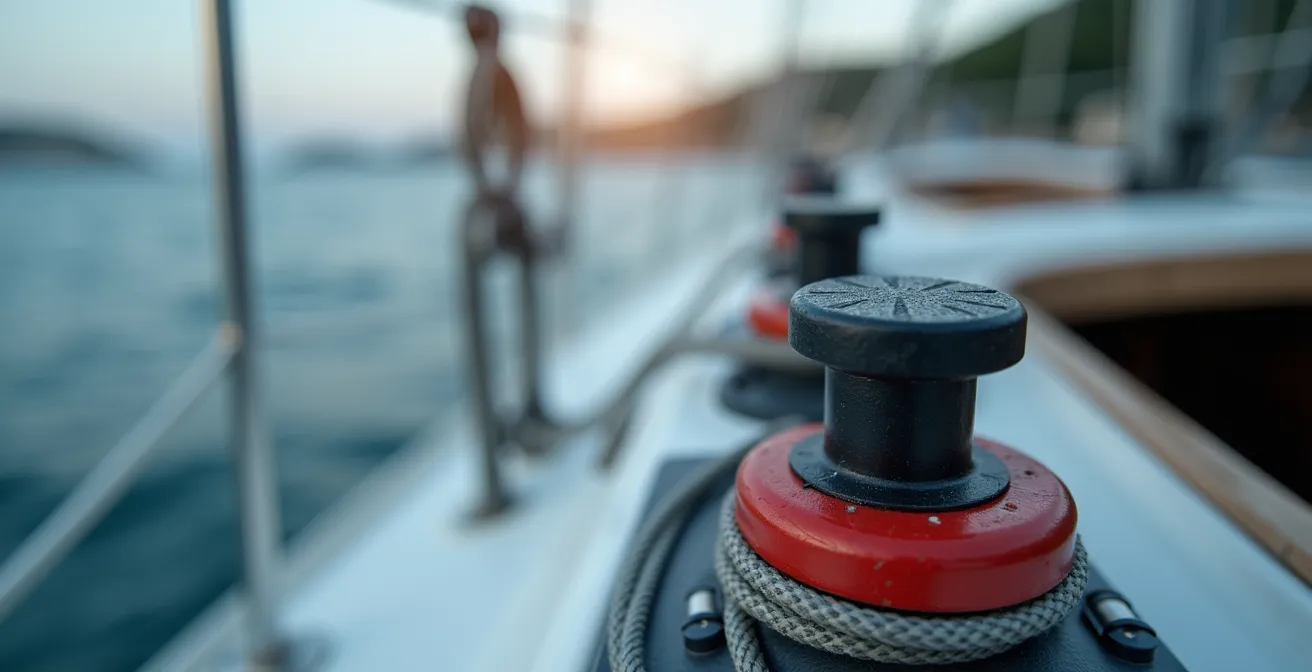 Poste de pilotage centralisé dans le cockpit d'un voilier aménagé pour la navigation en solitaire avec protection et ergonomie optimisée