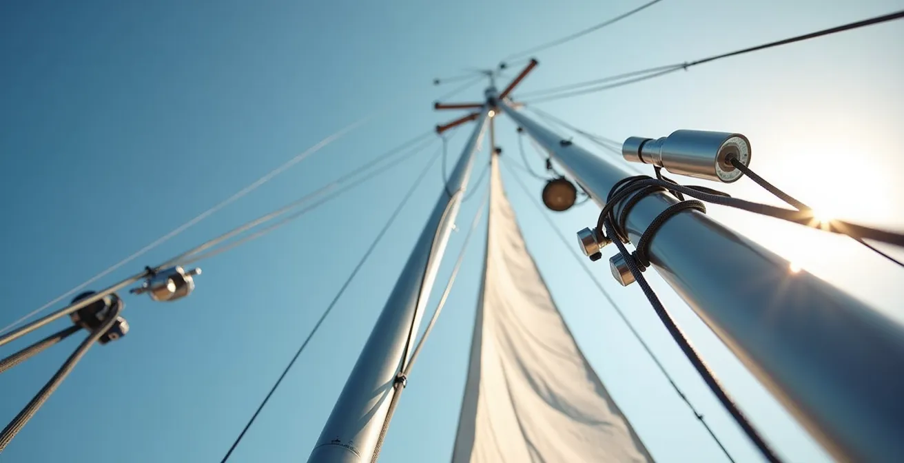 Capteurs de charge installés sur le gréement d'un voilier, vue en plongée montrant les câbles et systèmes de mesure