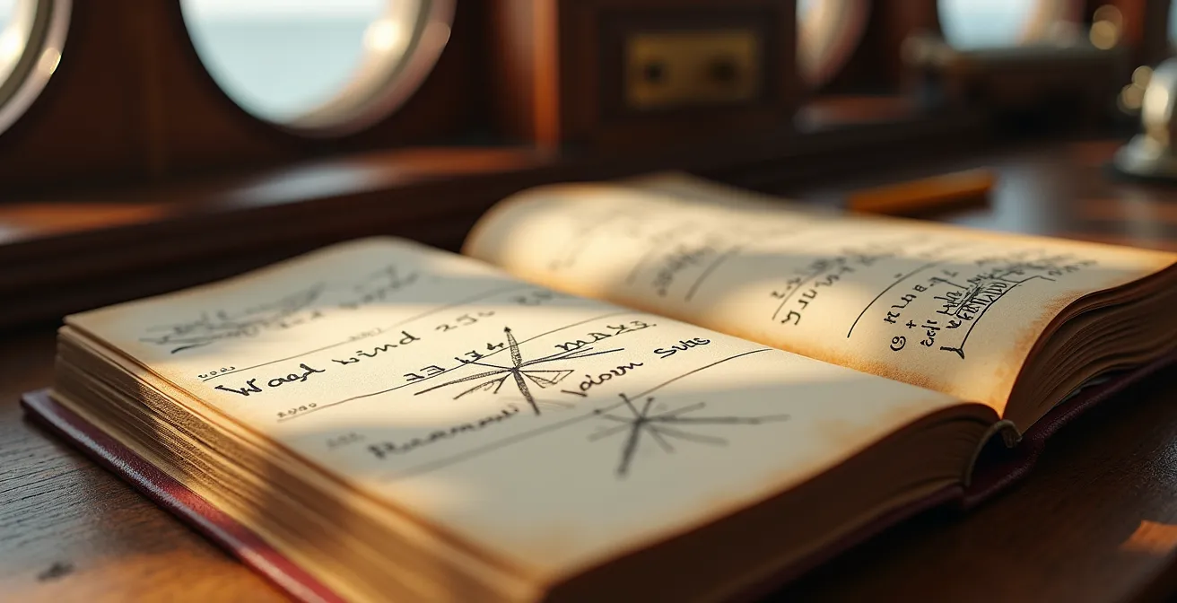 Carnet de bord détaillé avec annotations techniques sur une table de carré