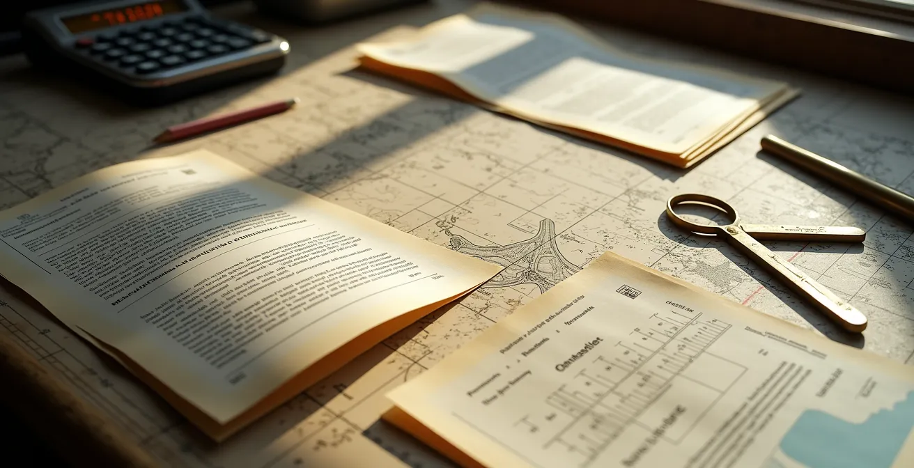 Vue de dessus de certificats de jauge étalés sur une table avec calculatrice