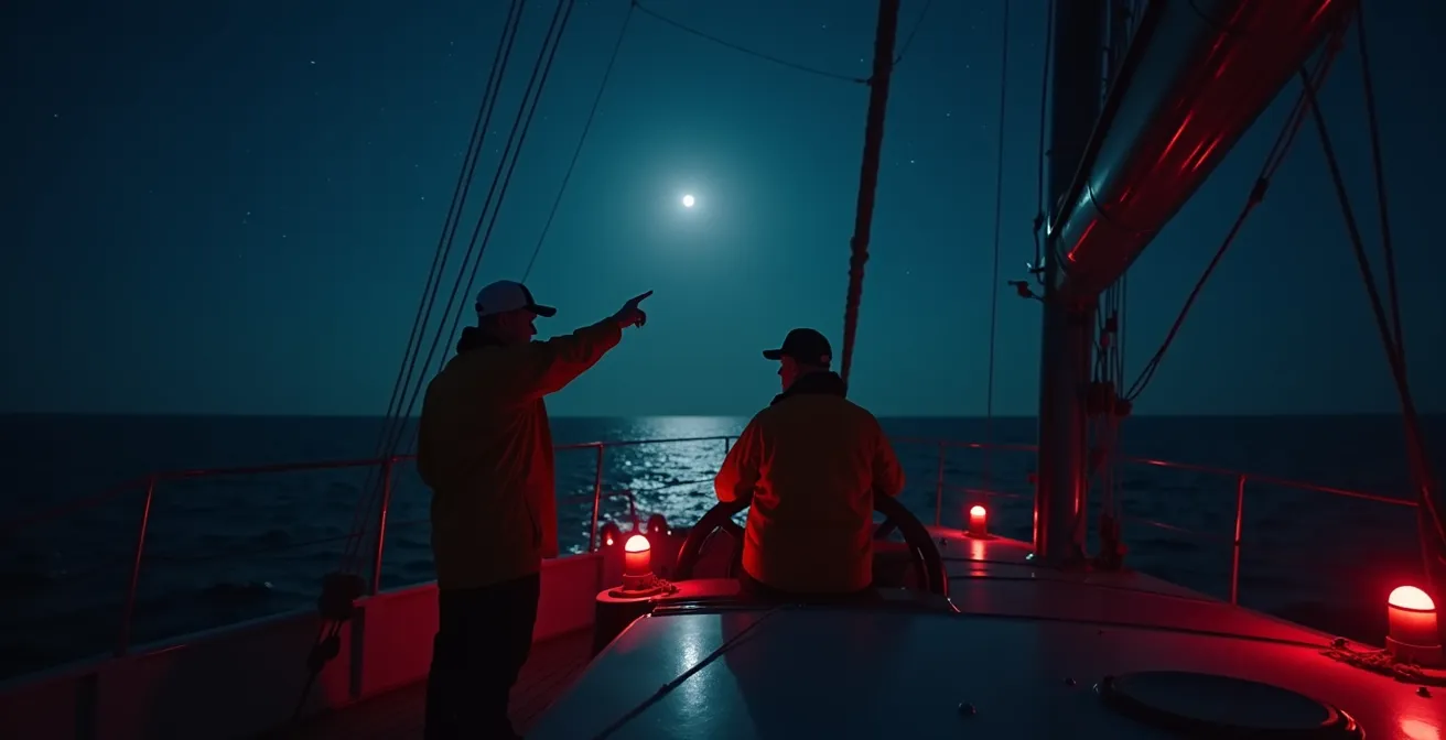 Deux navigateurs échangeant des signes de la main sur le pont d'un voilier de nuit