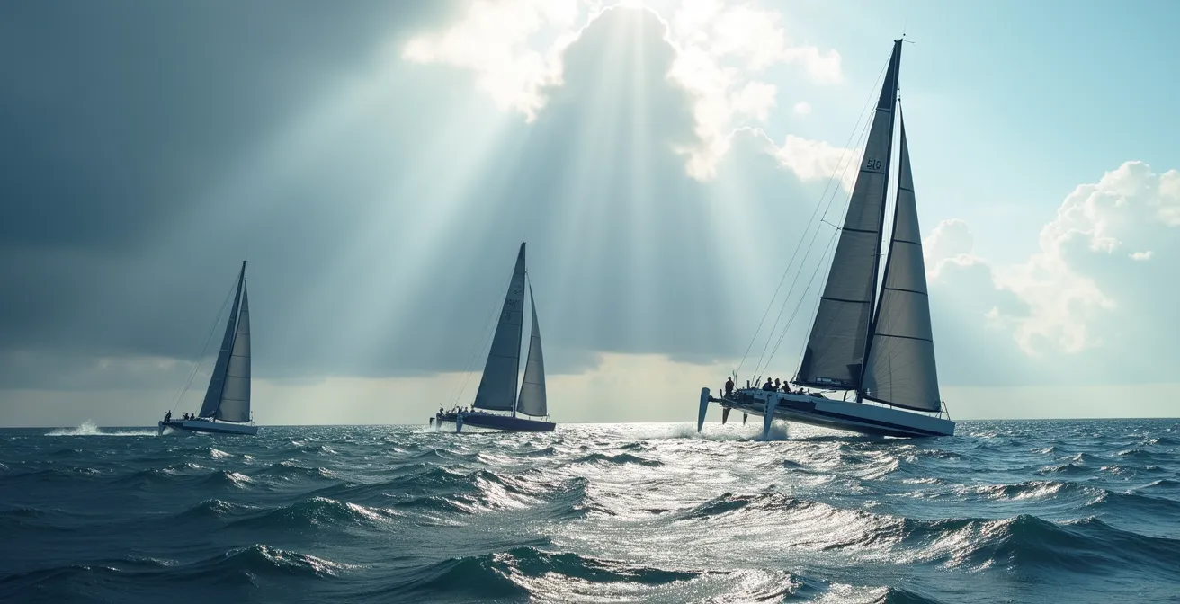 Vue comparative de trois classes de voiliers en course sur l'océan