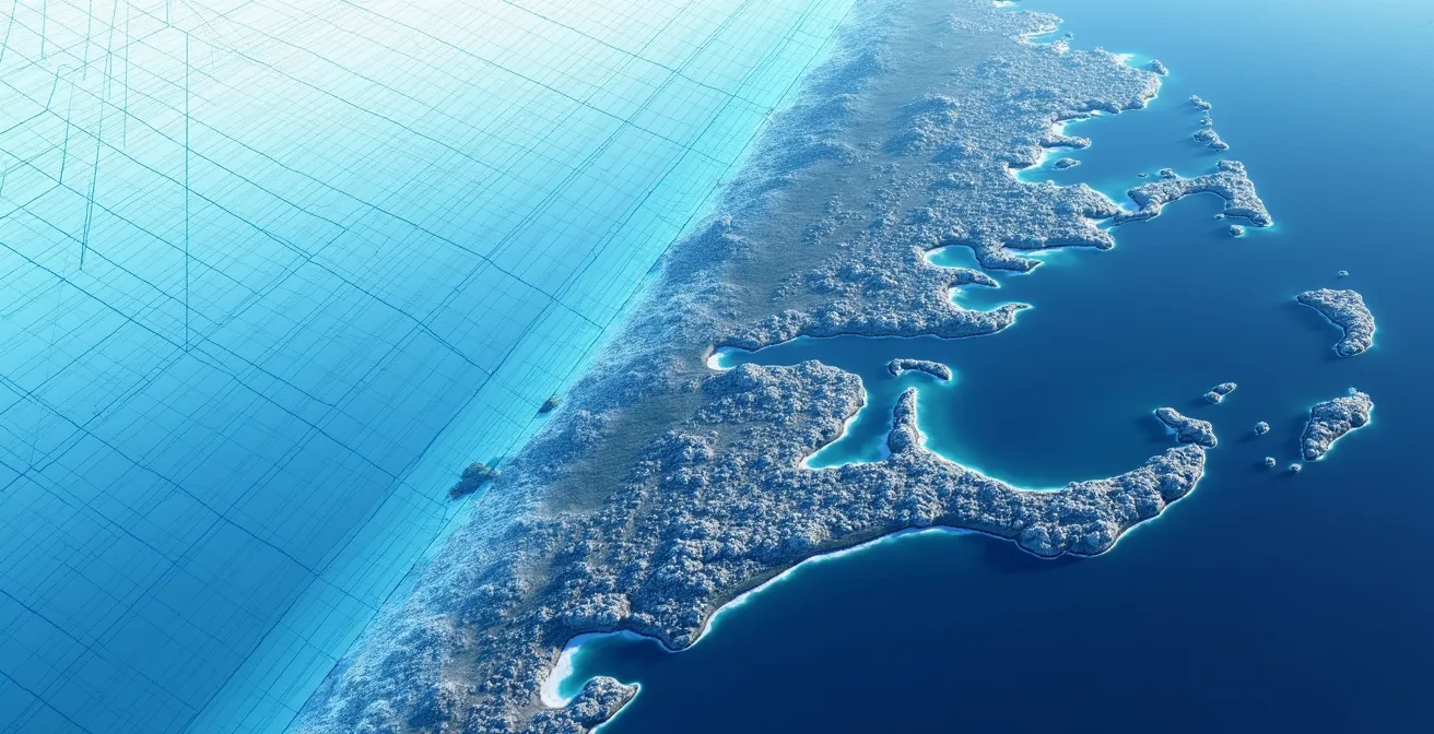 Vue comparative montrant la différence entre la grille d'un modèle météo et la complexité réelle d'une côte découpée