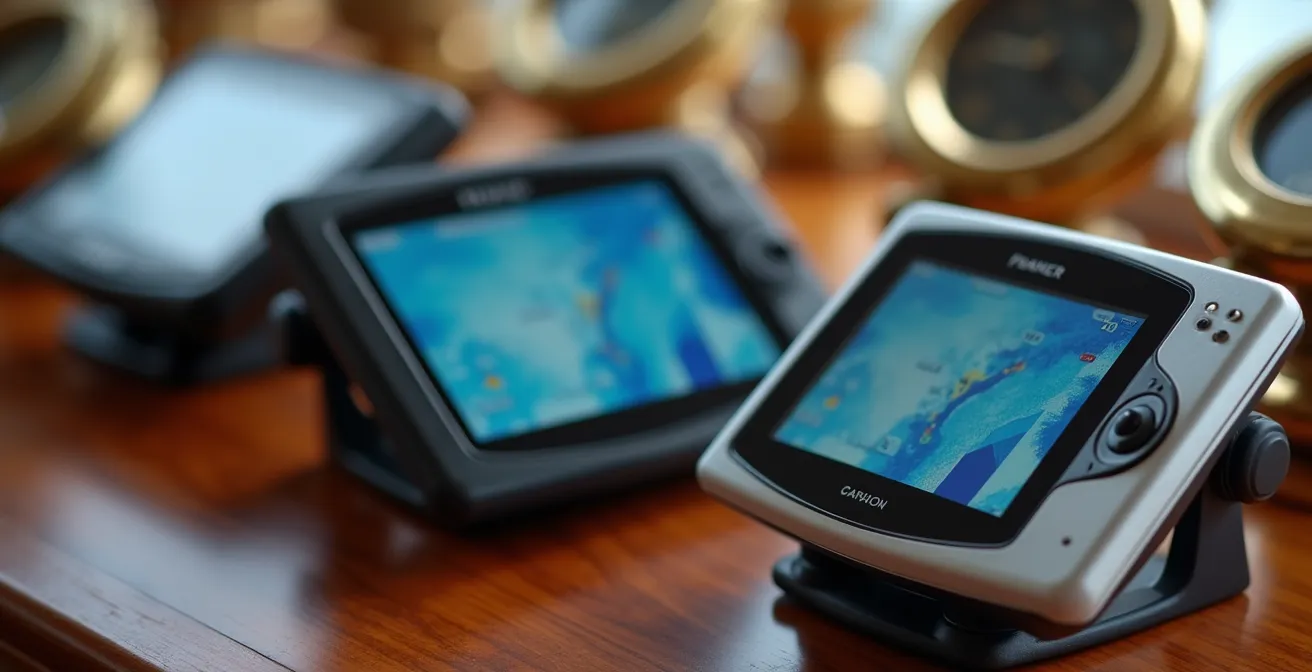 Trois systèmes de navigation côte à côte dans un carré de voilier