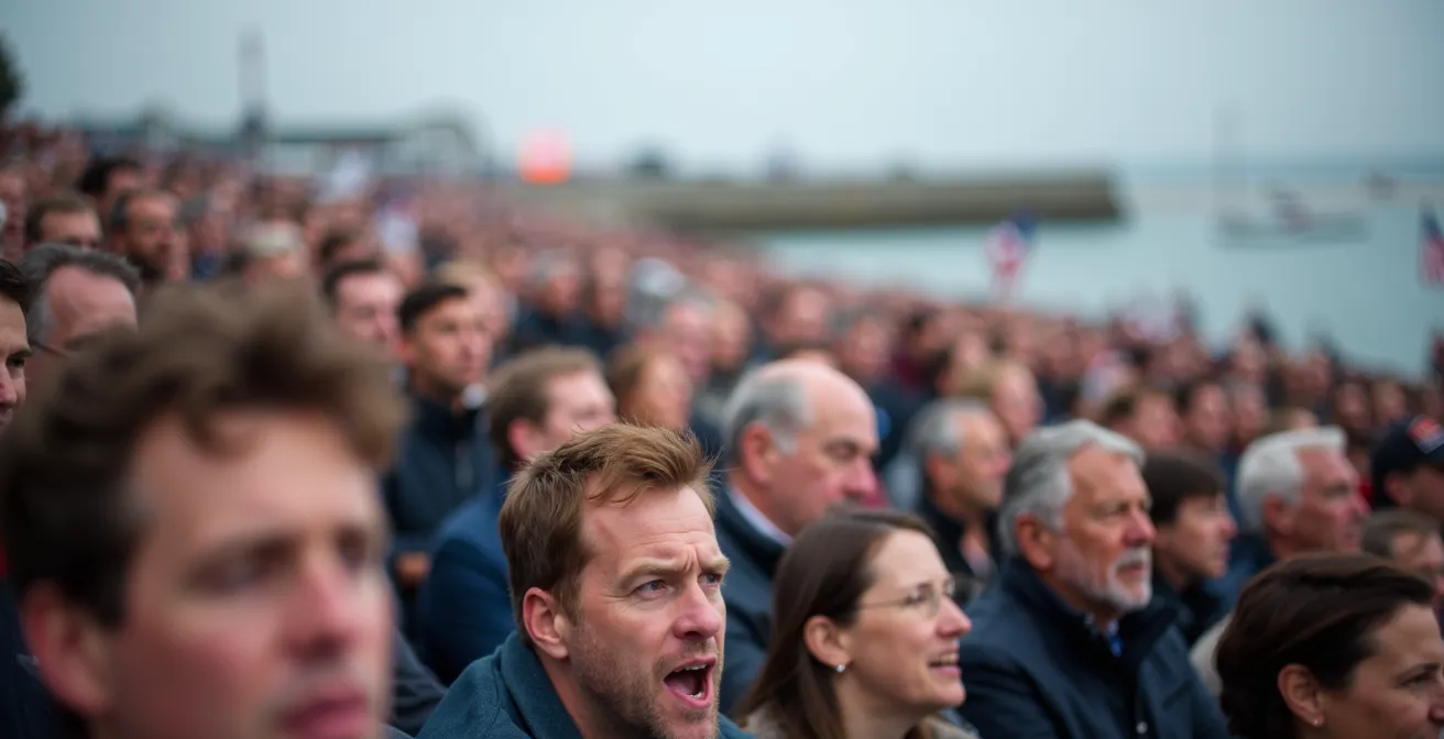 Vue aérienne du départ de la Route du Rhum à Saint-Malo avec des milliers de spectateurs