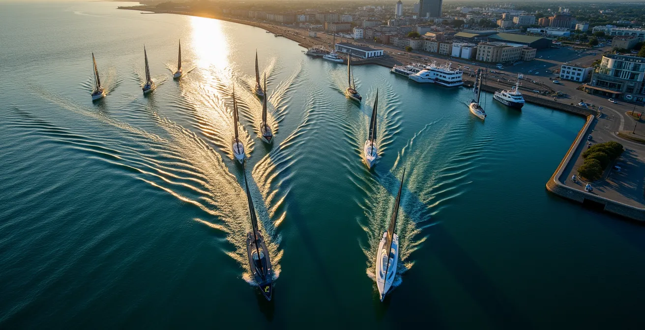 Vue aérienne du départ de la Transat Jacques Vabre avec des dizaines de voiliers dans le bassin du Havre