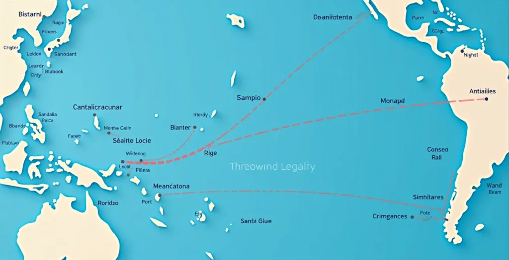 Carte schématique illustrant les accélérations et dévents entre les îles des Antilles avec courants de vent indiqués Carte schématique illustrant les accélérations et dévents entre les îles des Antilles avec courants de vent indiqués