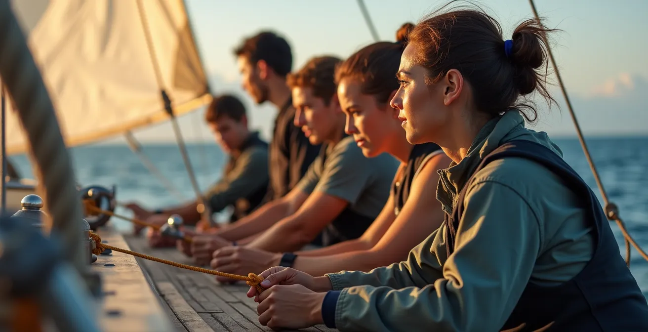Équipage coordonné effectuant une manœuvre de virement de bord