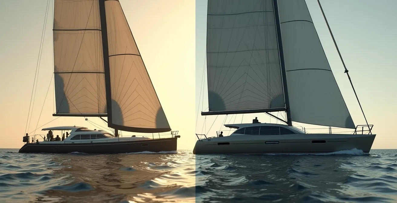 Comparaison visuelle entre un voilier classique des années 70 et un IMOCA moderne à foils
