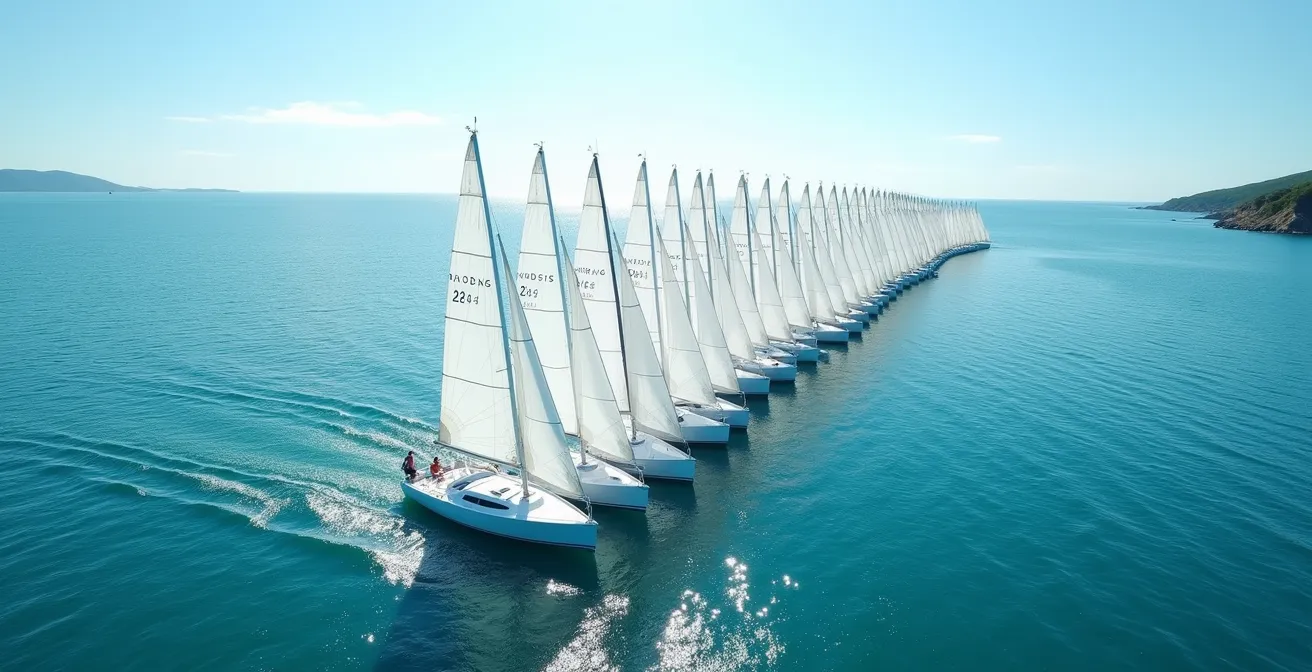 Vue aérienne d'une flotte de voiliers identiques au départ d'une régate