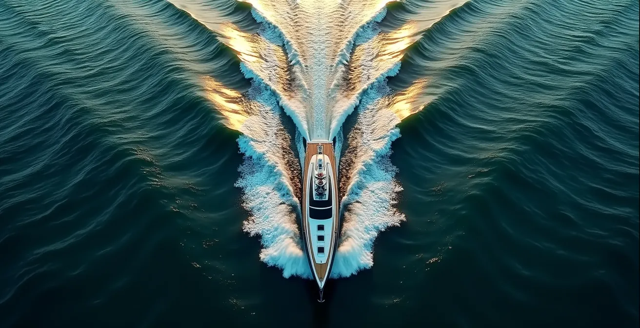 Vue aérienne d'un voilier de course avec représentation schématique des isochrones sur l'eau