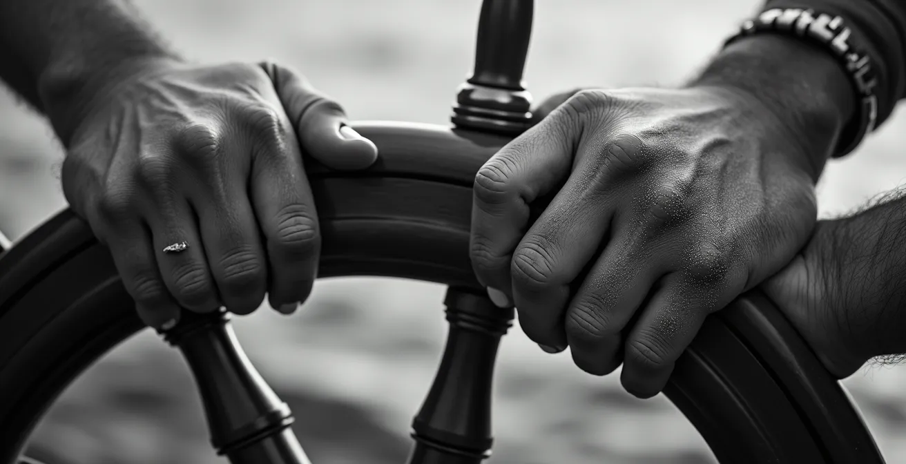 Vue rapprochée des mains de deux skippers sur une barre de gouvernail partagée