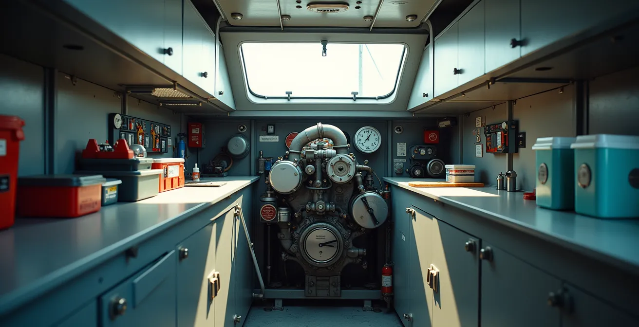 Vue minimaliste d'un moteur de bateau propre et bien entretenu dans un compartiment éclairé