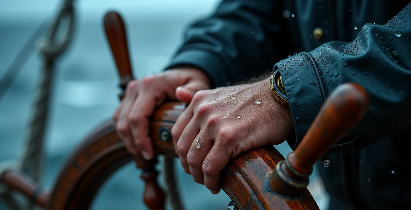 Navigateur concentré à la barre face aux vagues déferlantes dans la tempête