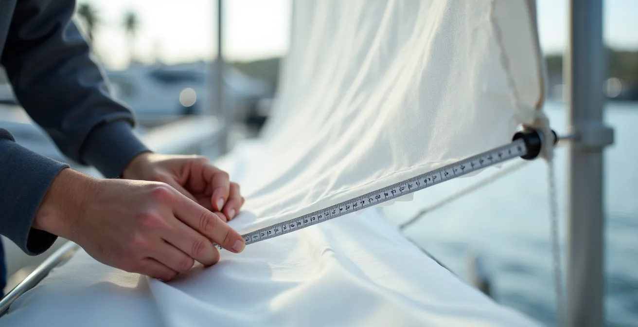 Mesureur officiel vérifiant les dimensions d'une voile de régate sur un ponton