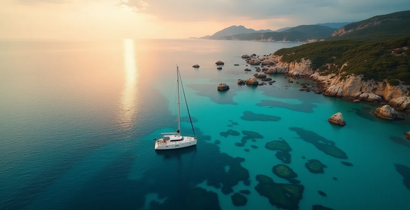Vue aérienne d'un voilier au mouillage près d'une côte rocheuse française au crépuscule