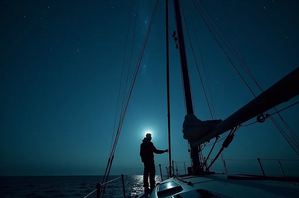 Marin scrutant le ciel étoilé depuis le pont d'un voilier la nuit, en dialogue silencieux avec les éléments