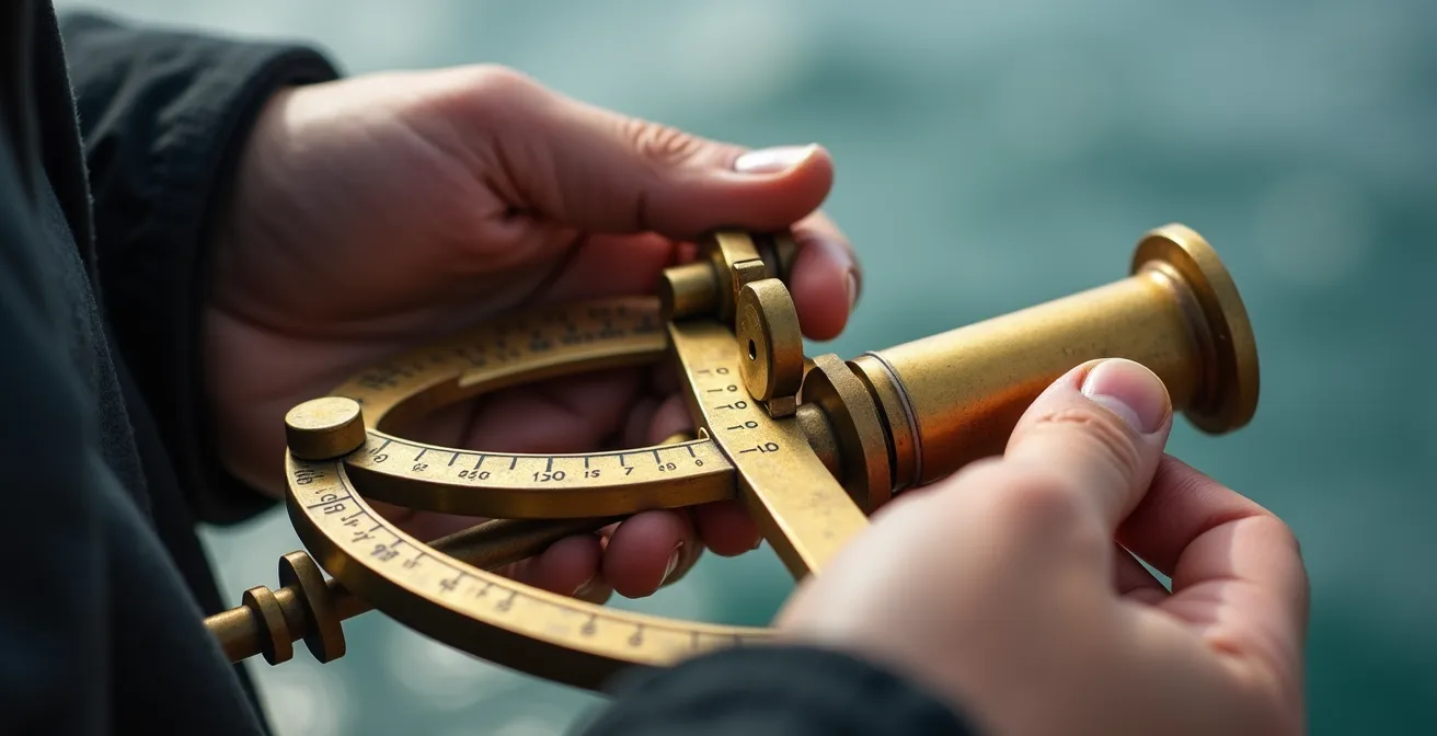 Marin utilisant un sextant pour faire le point en navigation hauturière